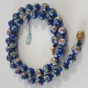 Blue and Pink Floral Cloisonné Necklace 25"